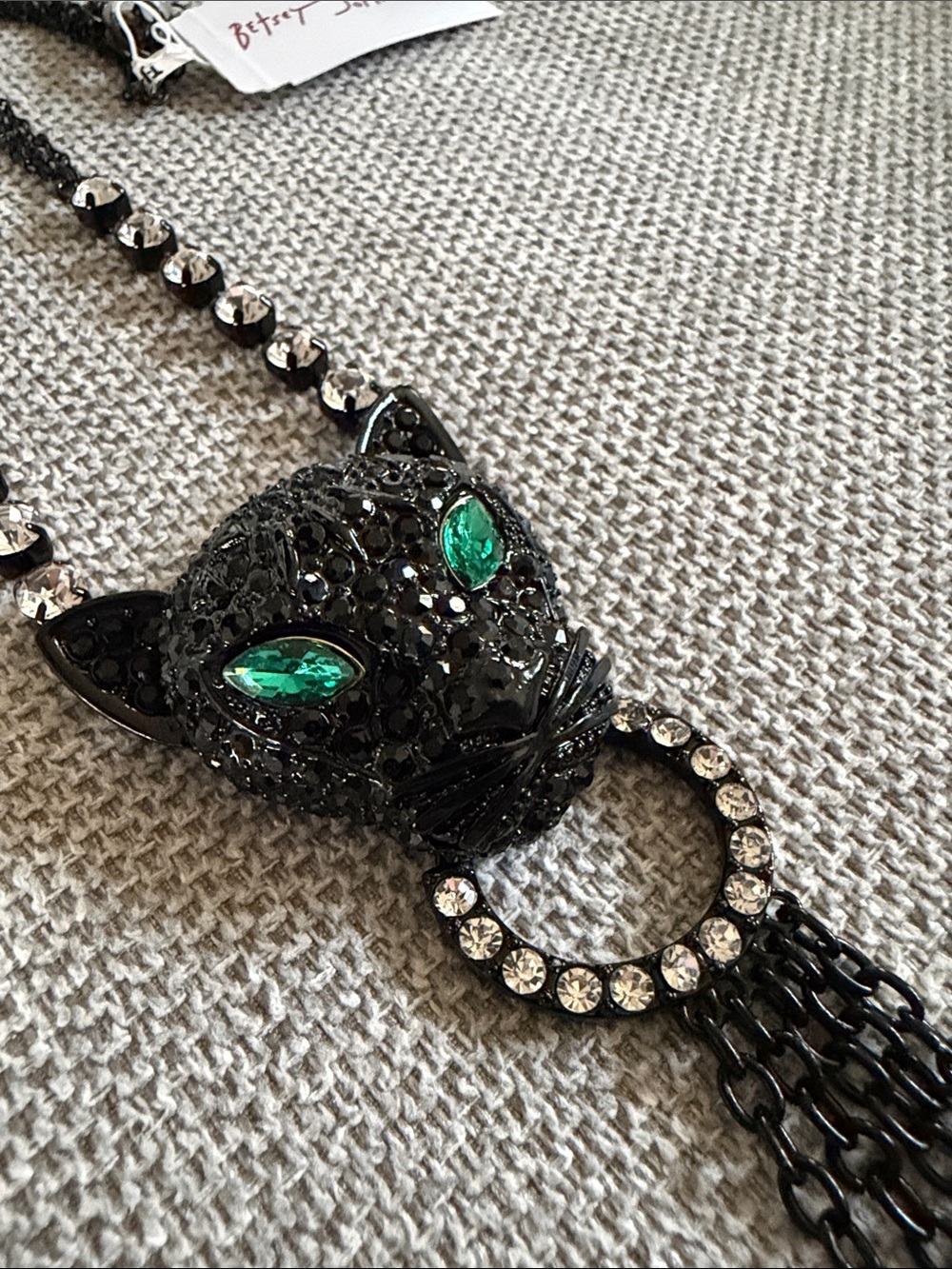 Betsey Johnson Black Panther Pendant Necklace with Green Eyes and Crystal Tassel - Picture 4 of 4